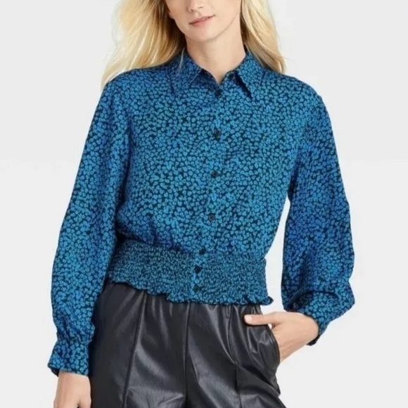 Who What Wear Blue Bishop Long Blouson Sleeve Floral Smock Top Size Large - Picture 3 of 10